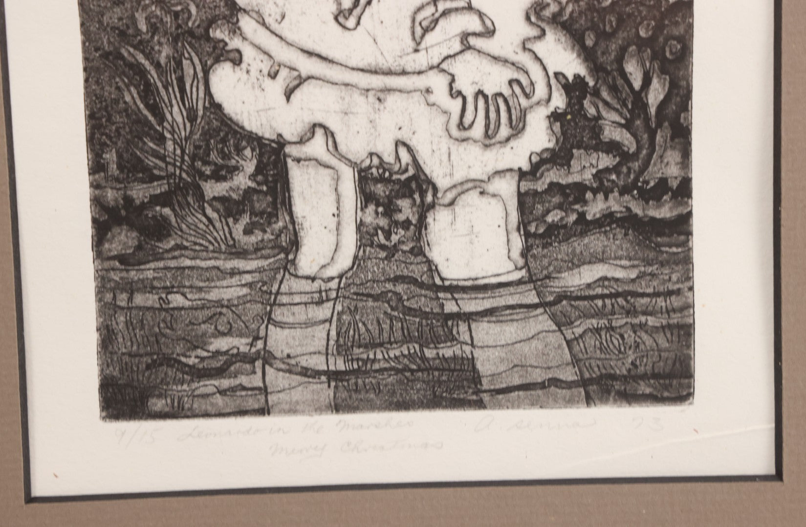 Lot 034 - Vintage Etching Numbered Artist Proof Print 9/15 Of Leonardo Da Vinci, Titled "Leonardo In The Marshes," Artist Signed A. Senna Lower Right, With "Merry Christmas" Inscription, Dated 1973, In Modern Frame, 11-3/4" x 16-1/2"