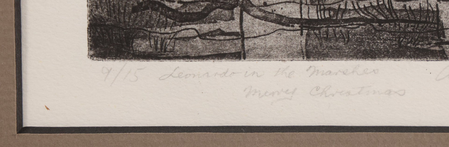 Lot 034 - Vintage Etching Numbered Artist Proof Print 9/15 Of Leonardo Da Vinci, Titled "Leonardo In The Marshes," Artist Signed A. Senna Lower Right, With "Merry Christmas" Inscription, Dated 1973, In Modern Frame, 11-3/4" x 16-1/2"