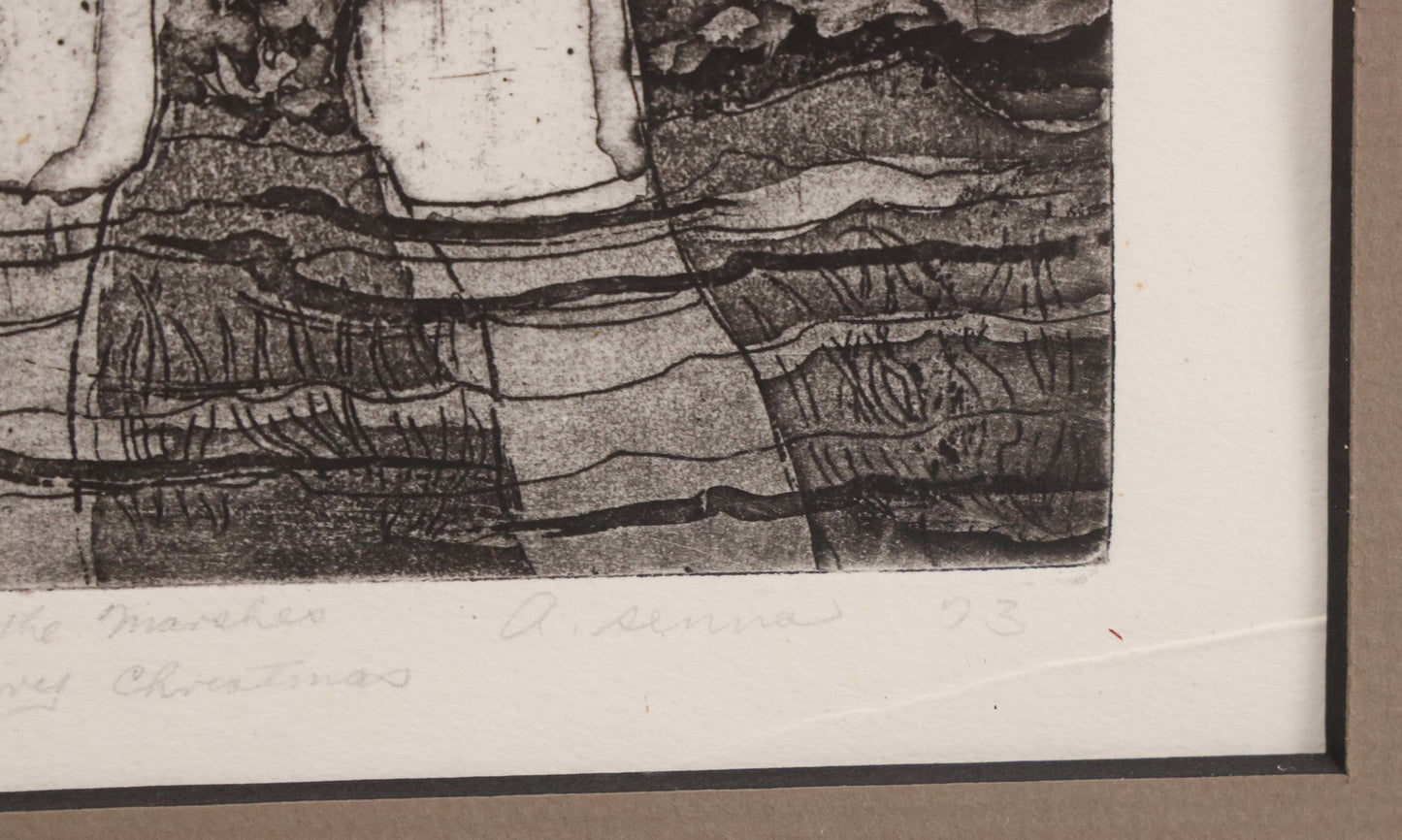 Lot 034 - Vintage Etching Numbered Artist Proof Print 9/15 Of Leonardo Da Vinci, Titled "Leonardo In The Marshes," Artist Signed A. Senna Lower Right, With "Merry Christmas" Inscription, Dated 1973, In Modern Frame, 11-3/4" x 16-1/2"