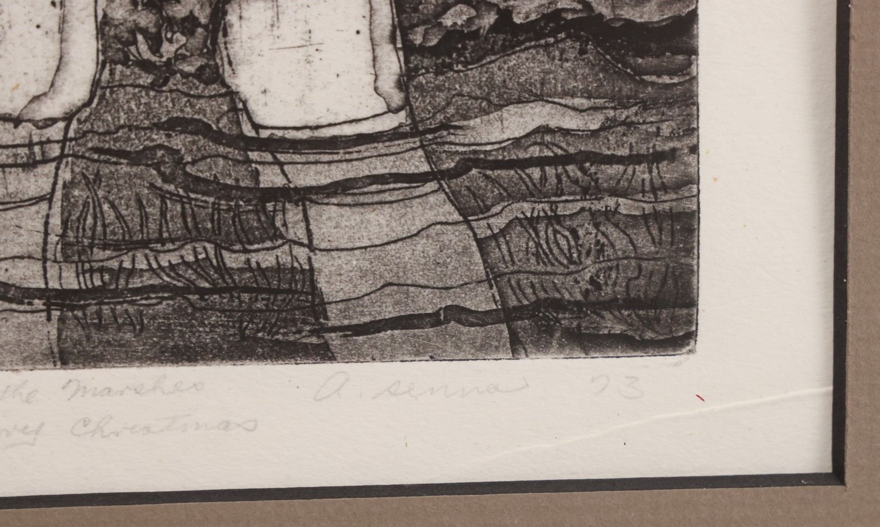 Lot 034 - Vintage Etching Numbered Artist Proof Print 9/15 Of Leonardo Da Vinci, Titled "Leonardo In The Marshes," Artist Signed A. Senna Lower Right, With "Merry Christmas" Inscription, Dated 1973, In Modern Frame, 11-3/4" x 16-1/2"