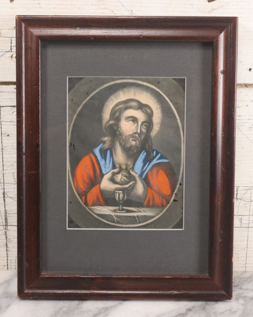 Lot 036 - Antique Painting Over Engraving Of Jesus Christ Serving The Eucharist, Last Supper, In Modern Frame, 8-7/8" x 11-1/2"