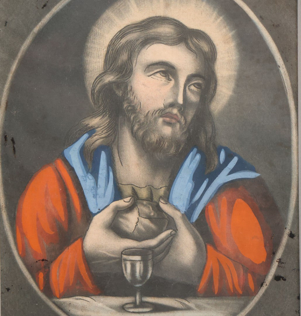 Lot 036 - Antique Painting Over Engraving Of Jesus Christ Serving The Eucharist, Last Supper, In Modern Frame, 8-7/8" x 11-1/2"