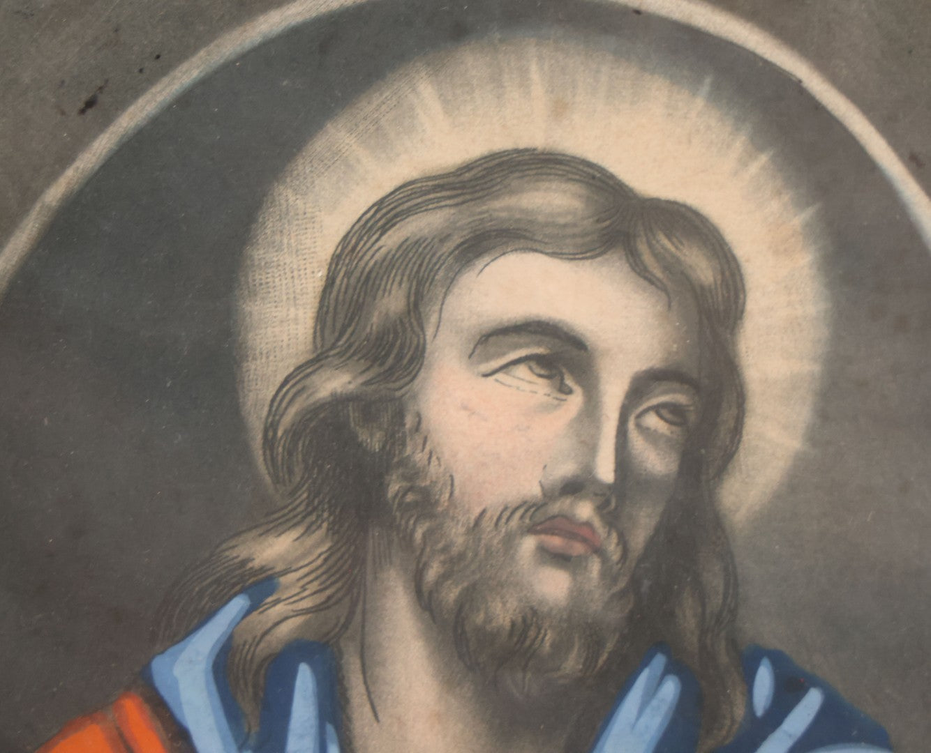 Lot 036 - Antique Painting Over Engraving Of Jesus Christ Serving The Eucharist, Last Supper, In Modern Frame, 8-7/8" x 11-1/2"