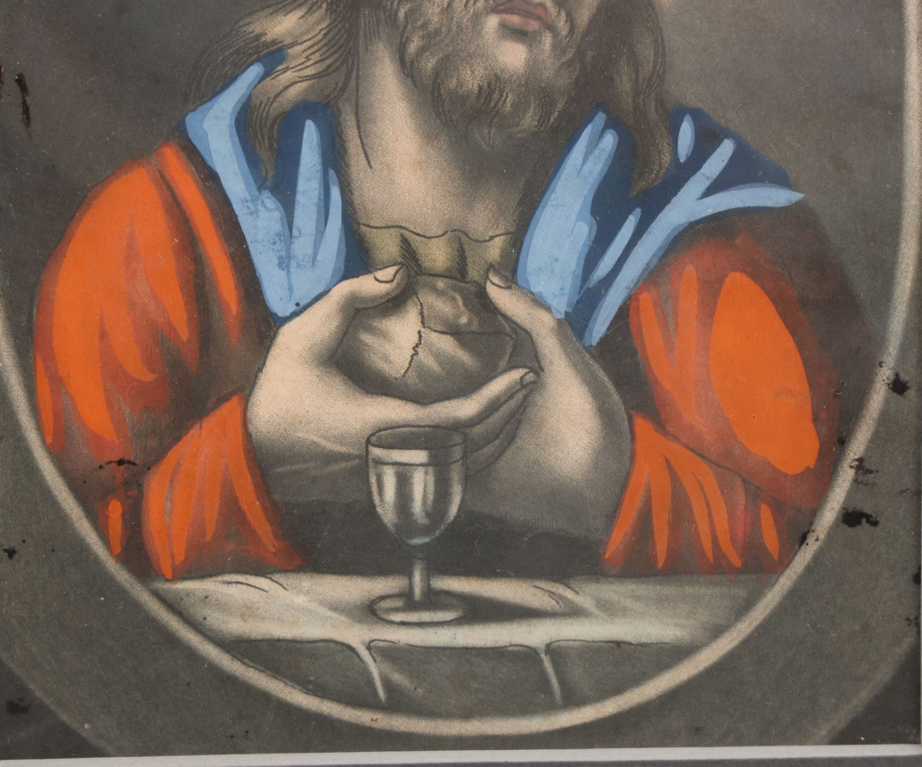Lot 036 - Antique Painting Over Engraving Of Jesus Christ Serving The Eucharist, Last Supper, In Modern Frame, 8-7/8" x 11-1/2"