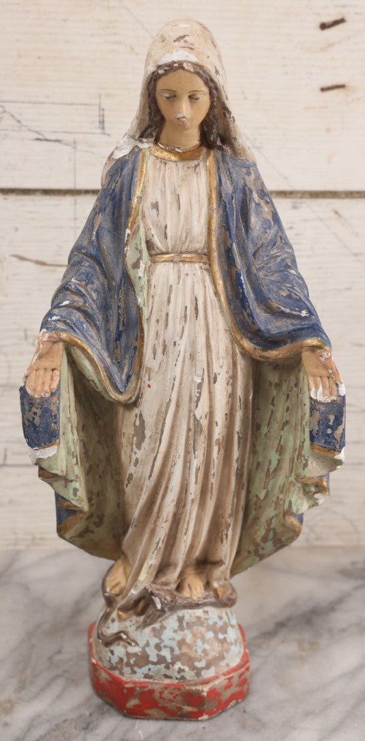 Lot 037 - Vintage Painted Chalkware Virgin Mary Devotional Statue, Stepping On Snake Of Satan, Note Chipping, Paint Loss, Damage Throughout, 12-5/8" Height