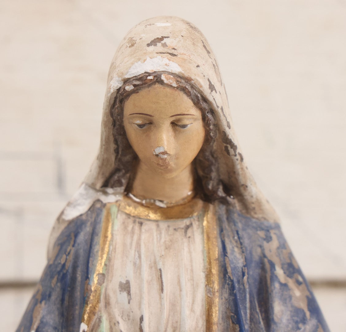 Lot 037 - Vintage Painted Chalkware Virgin Mary Devotional Statue, Stepping On Snake Of Satan, Note Chipping, Paint Loss, Damage Throughout, 12-5/8" Height