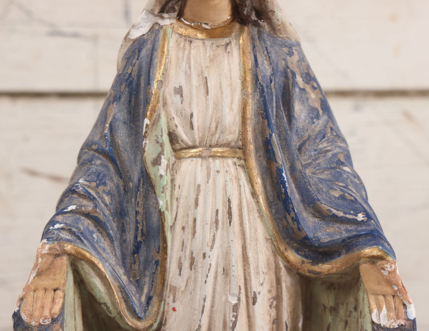 Lot 037 - Vintage Painted Chalkware Virgin Mary Devotional Statue, Stepping On Snake Of Satan, Note Chipping, Paint Loss, Damage Throughout, 12-5/8" Height