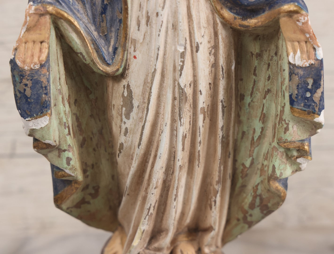 Lot 037 - Vintage Painted Chalkware Virgin Mary Devotional Statue, Stepping On Snake Of Satan, Note Chipping, Paint Loss, Damage Throughout, 12-5/8" Height