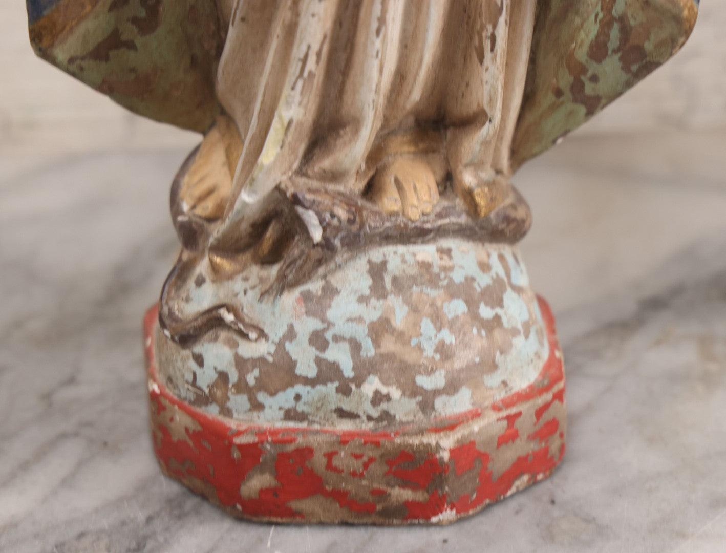 Lot 037 - Vintage Painted Chalkware Virgin Mary Devotional Statue, Stepping On Snake Of Satan, Note Chipping, Paint Loss, Damage Throughout, 12-5/8" Height