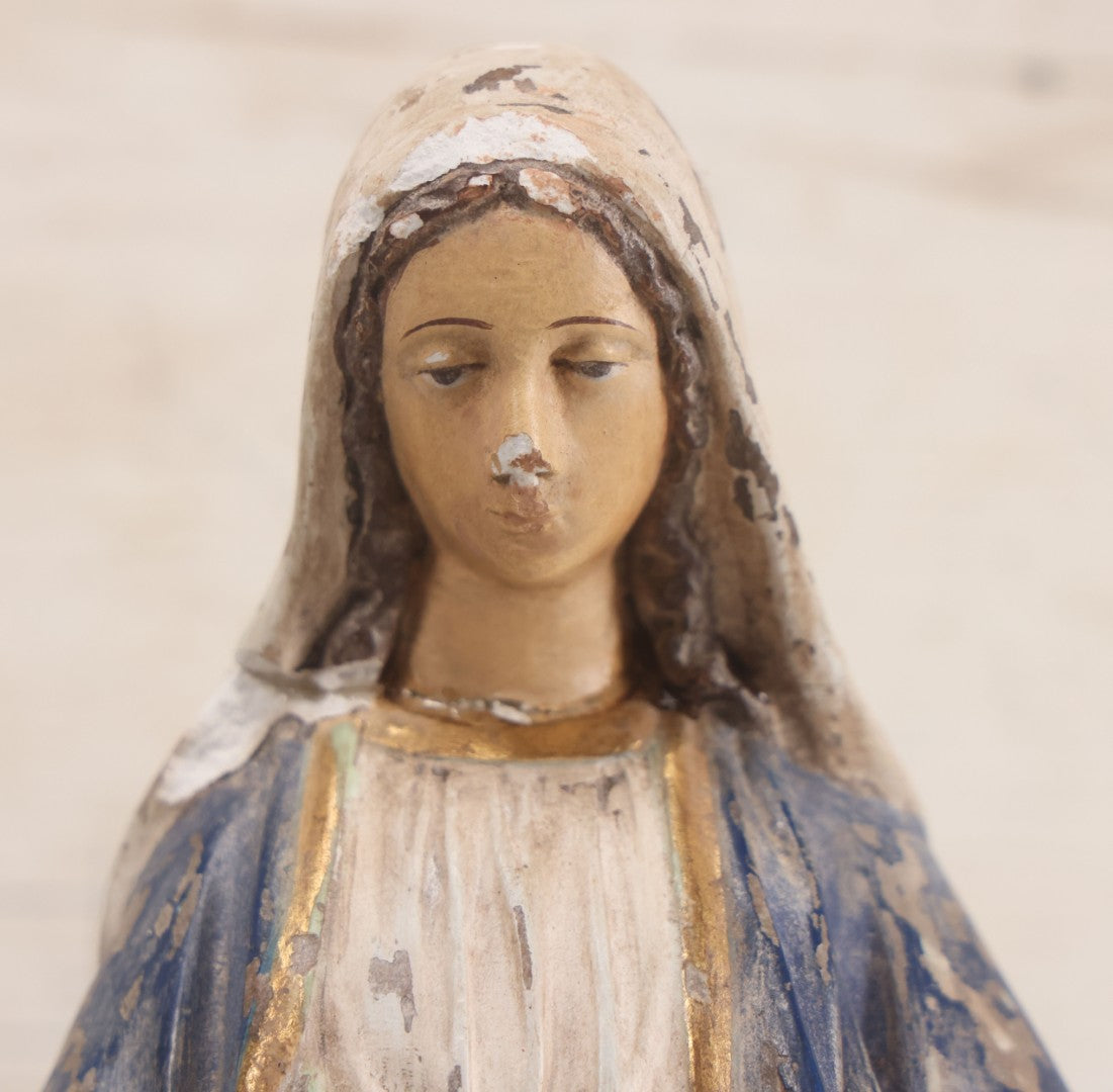 Lot 037 - Vintage Painted Chalkware Virgin Mary Devotional Statue, Stepping On Snake Of Satan, Note Chipping, Paint Loss, Damage Throughout, 12-5/8" Height