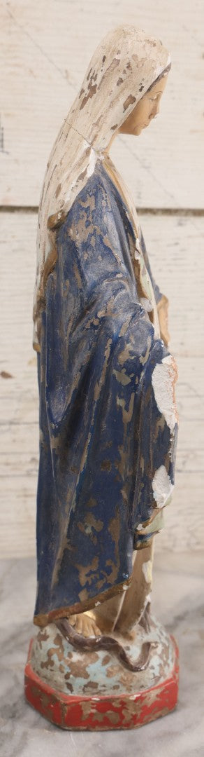 Lot 037 - Vintage Painted Chalkware Virgin Mary Devotional Statue, Stepping On Snake Of Satan, Note Chipping, Paint Loss, Damage Throughout, 12-5/8" Height