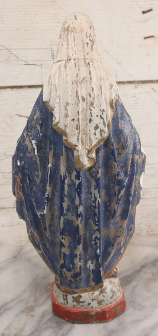 Lot 037 - Vintage Painted Chalkware Virgin Mary Devotional Statue, Stepping On Snake Of Satan, Note Chipping, Paint Loss, Damage Throughout, 12-5/8" Height