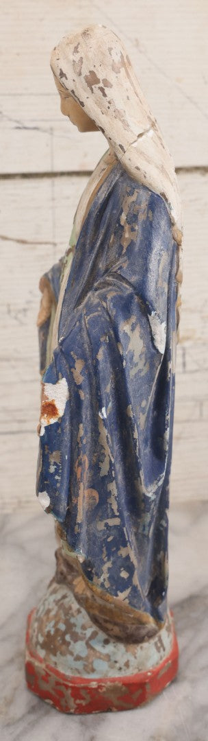 Lot 037 - Vintage Painted Chalkware Virgin Mary Devotional Statue, Stepping On Snake Of Satan, Note Chipping, Paint Loss, Damage Throughout, 12-5/8" Height