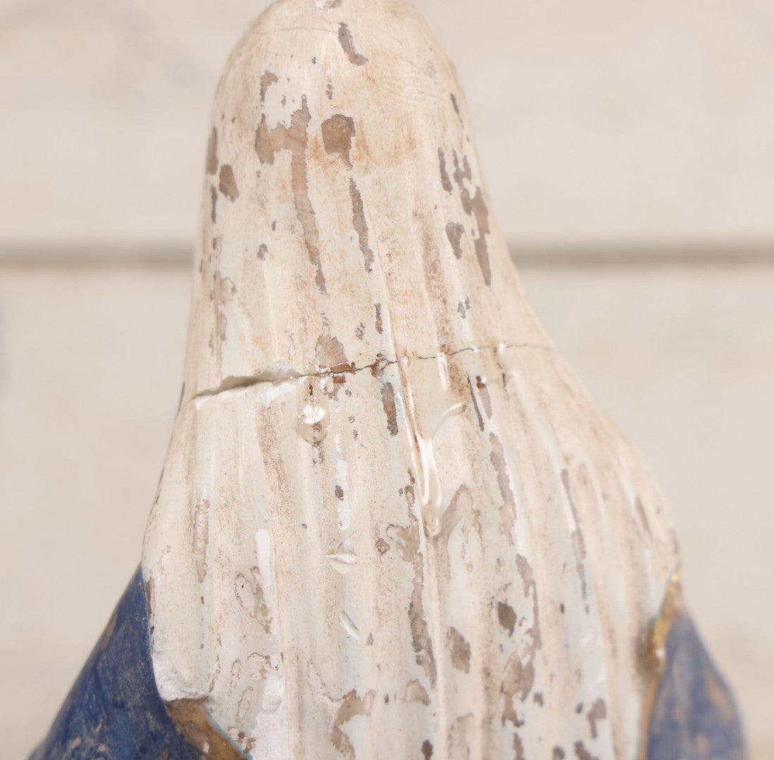 Lot 037 - Vintage Painted Chalkware Virgin Mary Devotional Statue, Stepping On Snake Of Satan, Note Chipping, Paint Loss, Damage Throughout, 12-5/8" Height