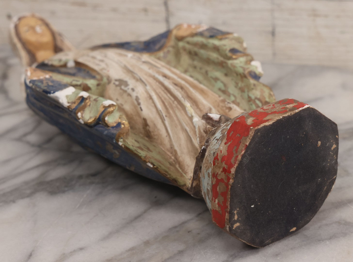 Lot 037 - Vintage Painted Chalkware Virgin Mary Devotional Statue, Stepping On Snake Of Satan, Note Chipping, Paint Loss, Damage Throughout, 12-5/8" Height