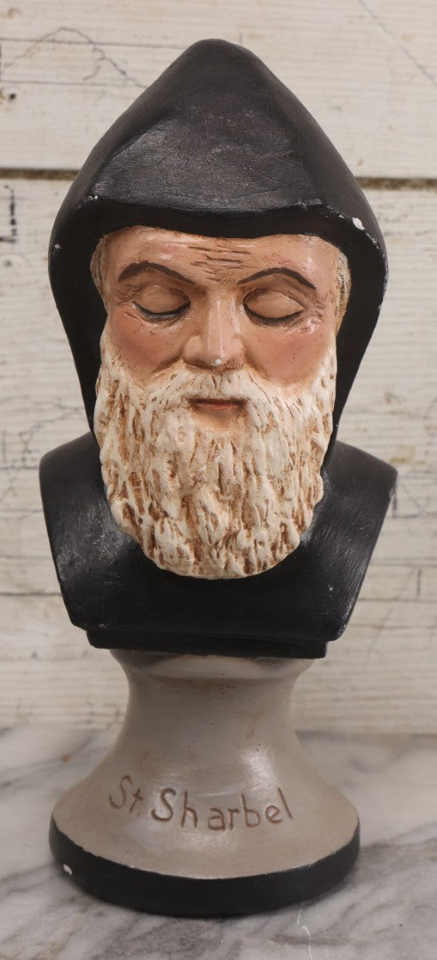 Lot 038 - Vintage Chalkware Religious Bust Of Saint Charbel, "Miracle Monk Of Lebanon," Patron Saint Of Lebanon Maronite Monk And Priest Born Youssef Antoun Makhlouf, Copyright 1983 by M. Scott, 10-1/2" Height