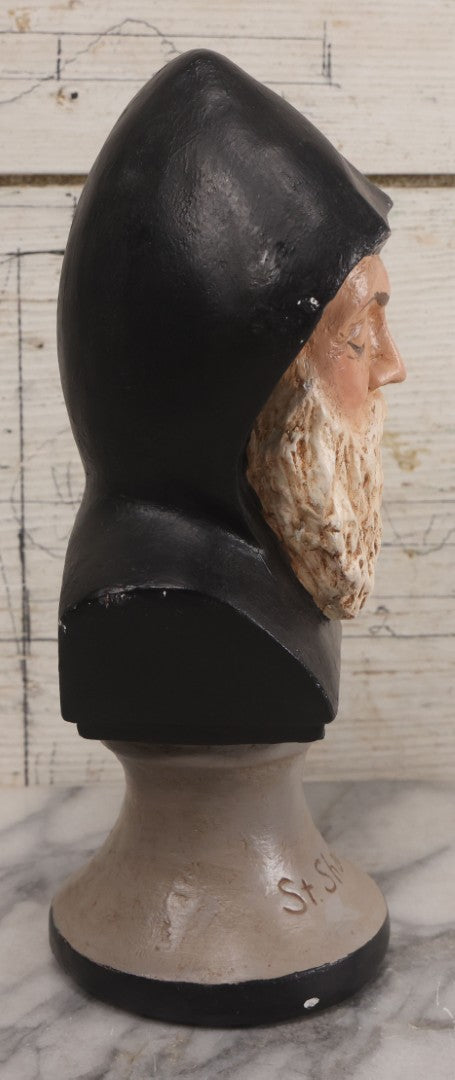 Lot 038 - Vintage Chalkware Religious Bust Of Saint Charbel, "Miracle Monk Of Lebanon," Patron Saint Of Lebanon Maronite Monk And Priest Born Youssef Antoun Makhlouf, Copyright 1983 by M. Scott, 10-1/2" Height