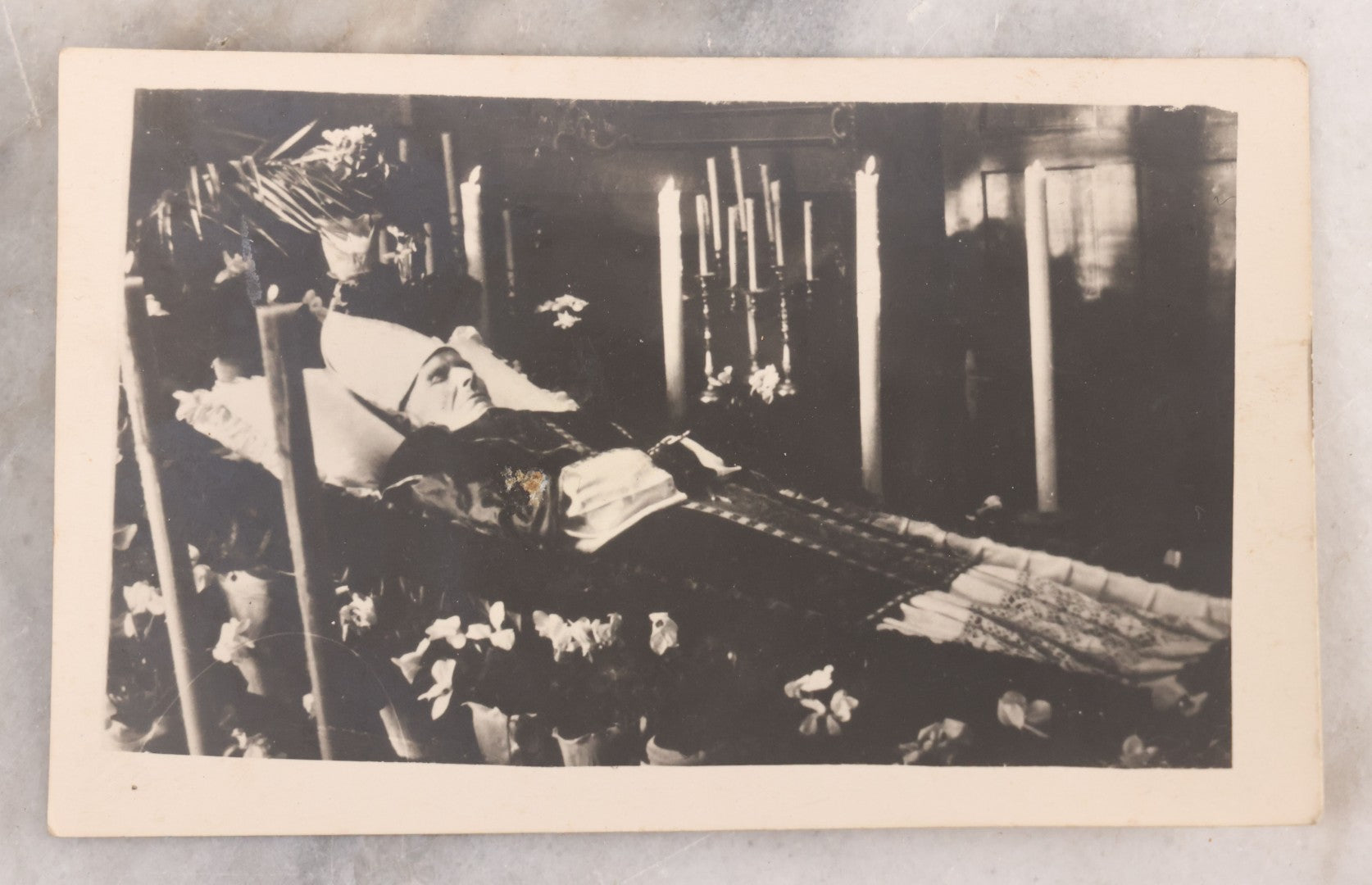 Lot 039 - Antique Funeral Photograph Of A Priest Or Bishop Lying In State, In Coffin, Surrounded By Candles