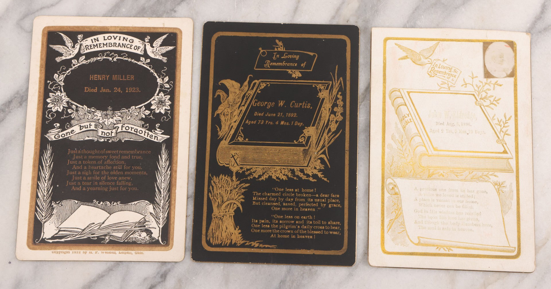 Lot 042 - Grouping Of Three Antique Cabinet Card Memorial Remembrance Cards For John W. Eldredge (Died August 5,1896, Aged 2 Years, With Photo), George W. Curtis (Died June 21, 1892, Aged 73 Years), And Henry Miller (Died January 24, 1923)