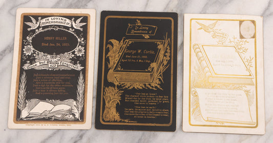 Lot 042 - Grouping Of Three Antique Cabinet Card Memorial Remembrance Cards For John W. Eldredge (Died August 5,1896, Aged 2 Years, With Photo), George W. Curtis (Died June 21, 1892, Aged 73 Years), And Henry Miller (Died January 24, 1923)