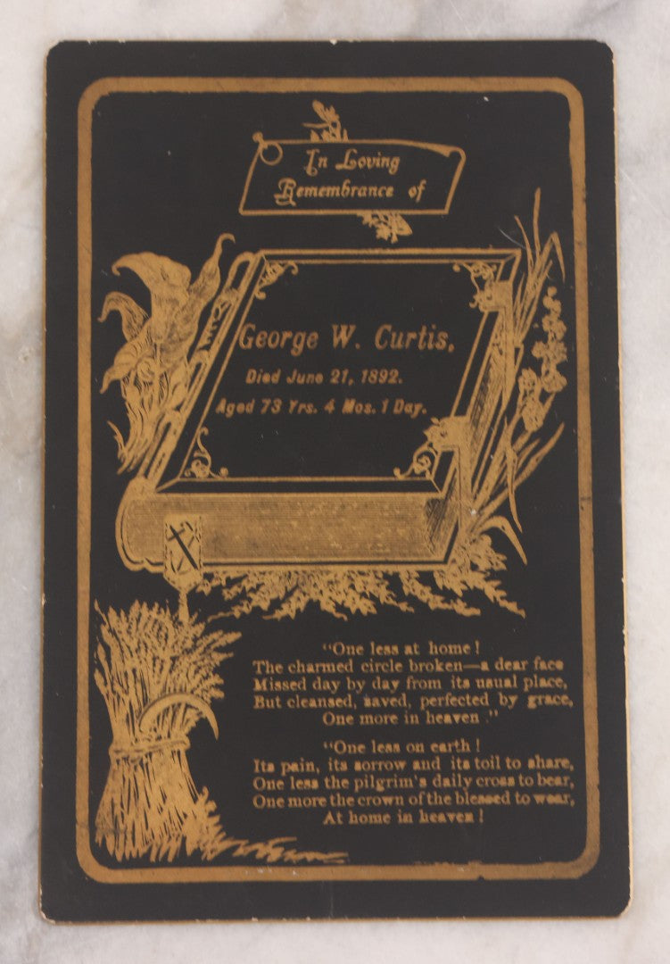 Lot 042 - Grouping Of Three Antique Cabinet Card Memorial Remembrance Cards For John W. Eldredge (Died August 5,1896, Aged 2 Years, With Photo), George W. Curtis (Died June 21, 1892, Aged 73 Years), And Henry Miller (Died January 24, 1923)