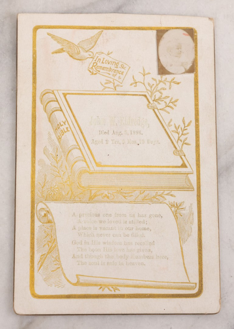 Lot 042 - Grouping Of Three Antique Cabinet Card Memorial Remembrance Cards For John W. Eldredge (Died August 5,1896, Aged 2 Years, With Photo), George W. Curtis (Died June 21, 1892, Aged 73 Years), And Henry Miller (Died January 24, 1923)