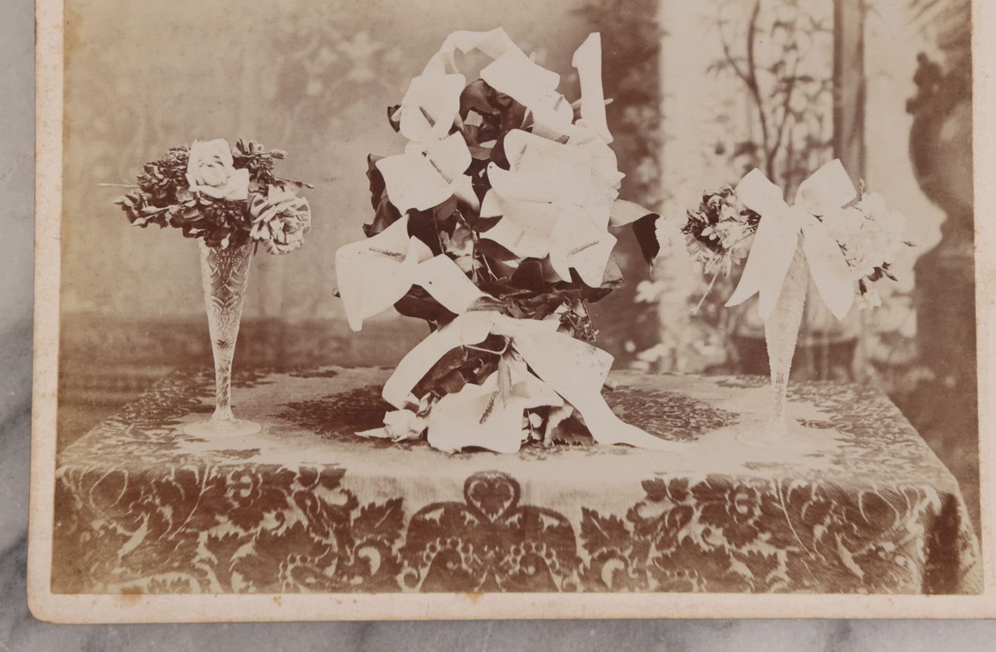 Lot 043 - Antique Cabinet Card Photograph Of Floral Arrangements, White Flowers With White Ribbon, Likely Bridal Or Funeral Flowers, Whitney's Studio, Photographers, Hartford, Michigan