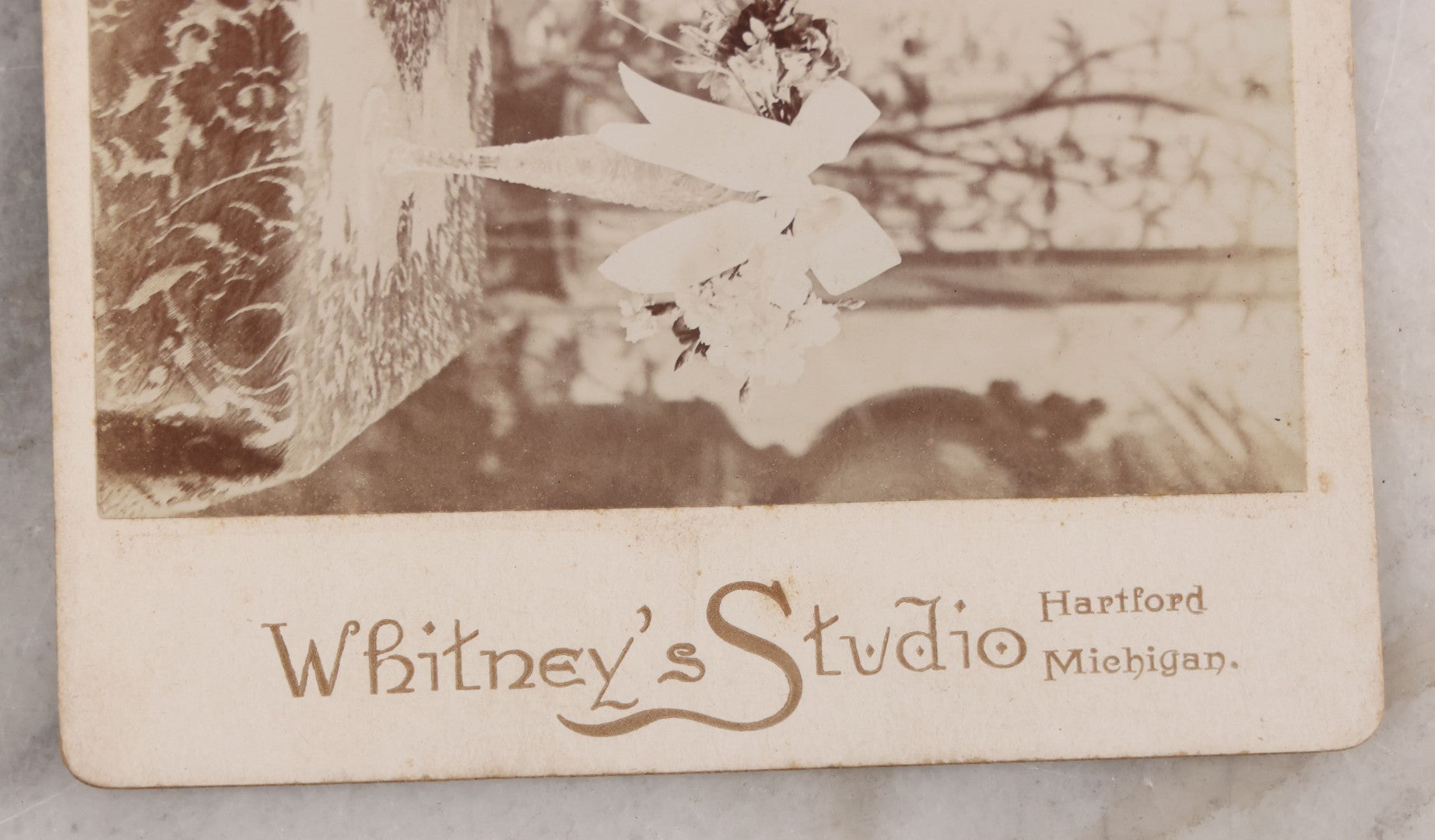 Lot 043 - Antique Cabinet Card Photograph Of Floral Arrangements, White Flowers With White Ribbon, Likely Bridal Or Funeral Flowers, Whitney's Studio, Photographers, Hartford, Michigan