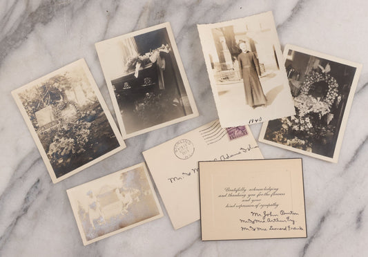 Lot 045 - Grouping Of Six Pieces Of Vintage Funeral Ephemera Including Five Snapshots Of Funeral Flowers, Casket, Graves, Priest, And Thank You Letter For "Your Kind Expression Of Sympathy"