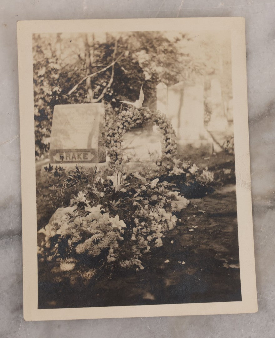 Lot 045 - Grouping Of Six Pieces Of Vintage Funeral Ephemera Including Five Snapshots Of Funeral Flowers, Casket, Graves, Priest, And Thank You Letter For "Your Kind Expression Of Sympathy"