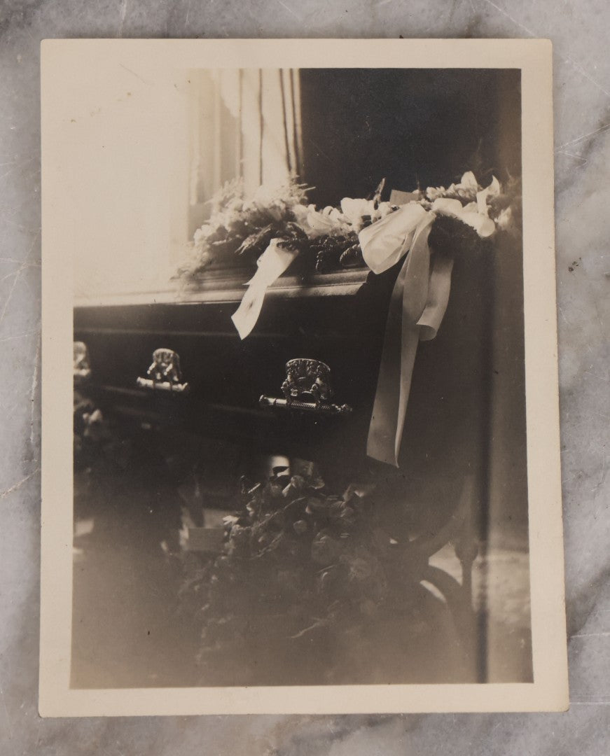 Lot 045 - Grouping Of Six Pieces Of Vintage Funeral Ephemera Including Five Snapshots Of Funeral Flowers, Casket, Graves, Priest, And Thank You Letter For "Your Kind Expression Of Sympathy"