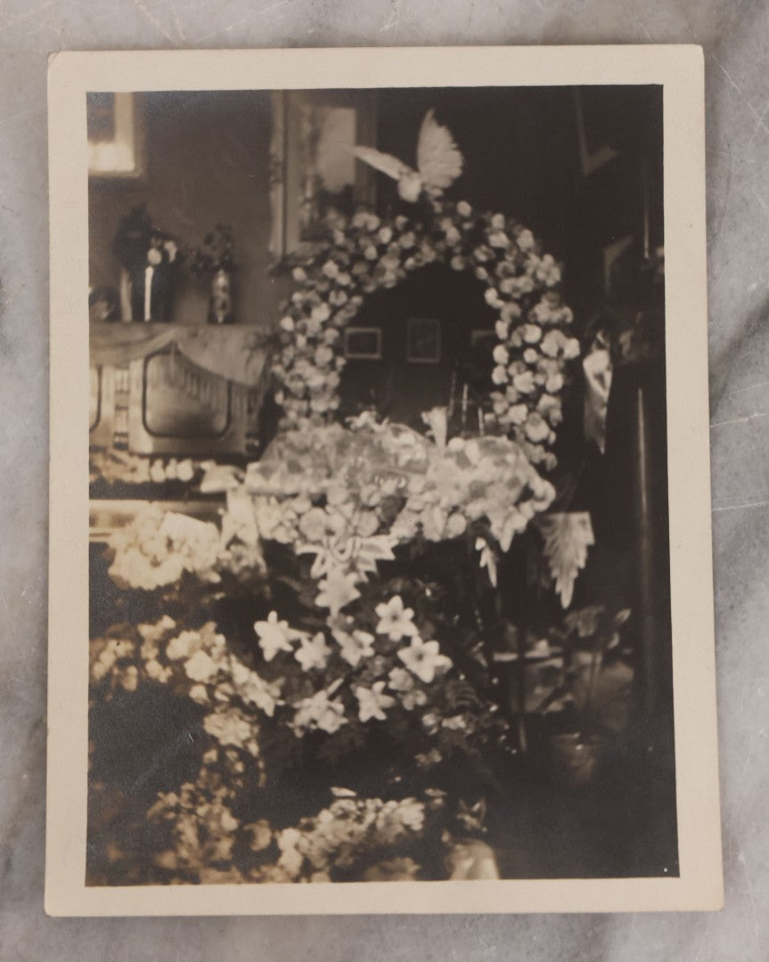 Lot 045 - Grouping Of Six Pieces Of Vintage Funeral Ephemera Including Five Snapshots Of Funeral Flowers, Casket, Graves, Priest, And Thank You Letter For "Your Kind Expression Of Sympathy"