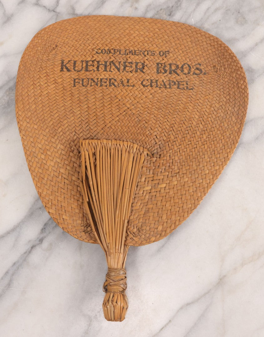 Lot 046 - Antique Woven Cane Advertising Funeral Fan, Compliments Of Kuehner Bros. Funeral Chapel