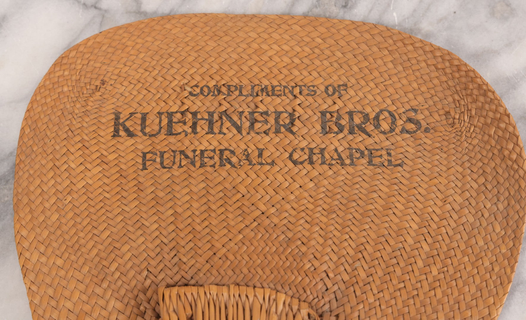 Lot 046 - Antique Woven Cane Advertising Funeral Fan, Compliments Of Kuehner Bros. Funeral Chapel