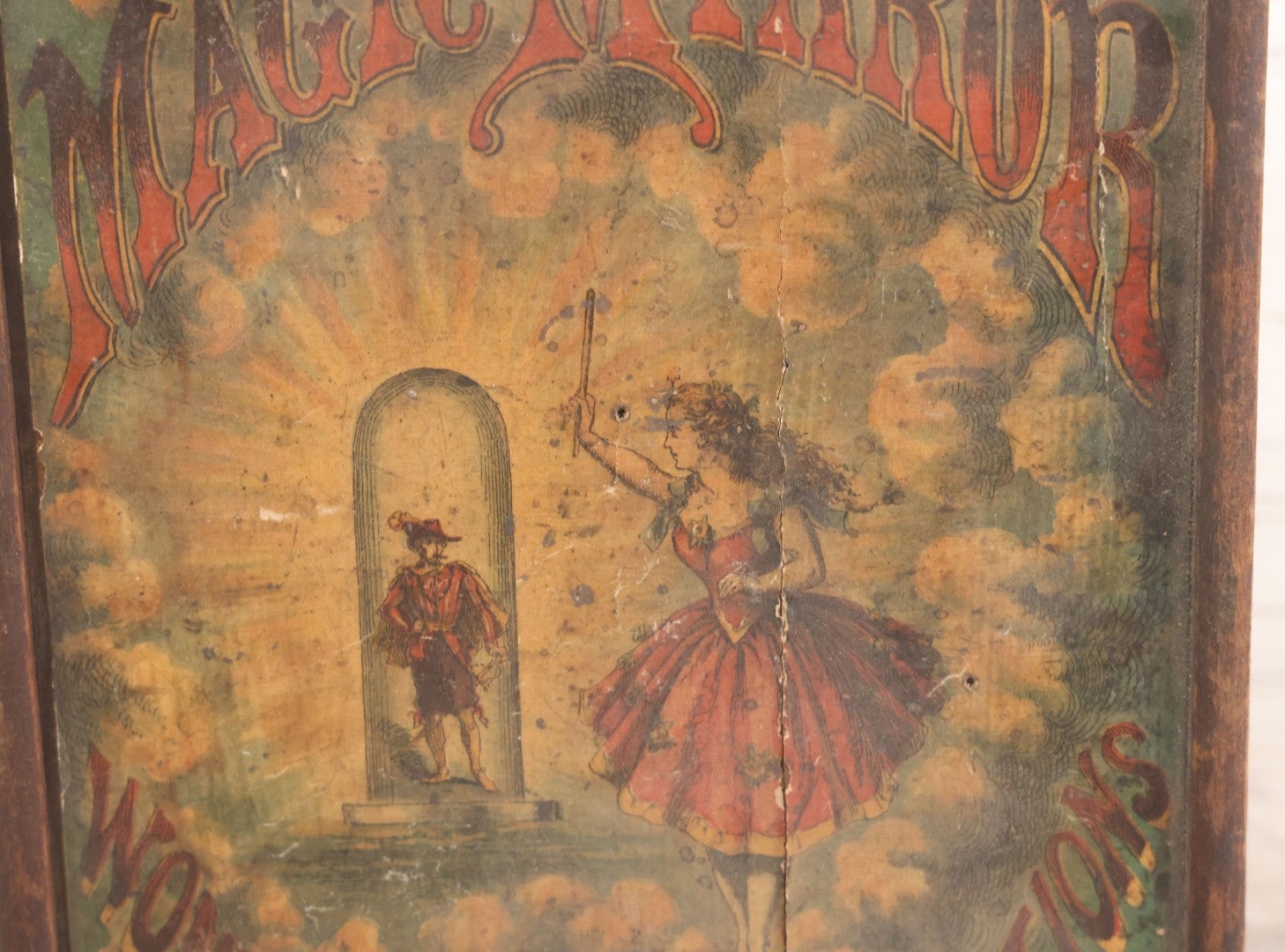 Lot 047 - Antique Lithographed Wooden Toy Box For "The Magic Mirror Or Wonderful Transformations" With Fairy Princess And Prince Characters, By Mcloughlin Bros., New York, Empty