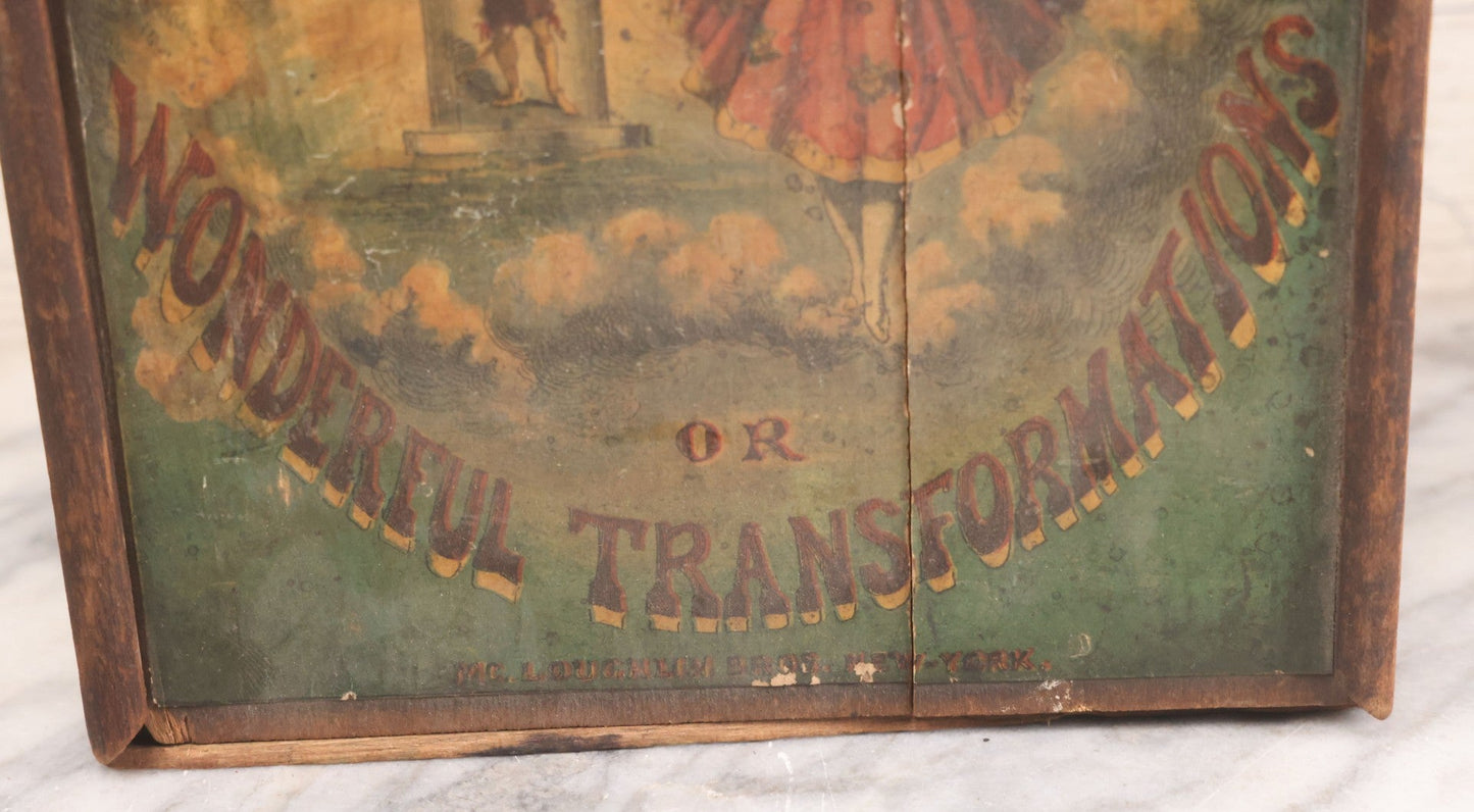 Lot 047 - Antique Lithographed Wooden Toy Box For "The Magic Mirror Or Wonderful Transformations" With Fairy Princess And Prince Characters, By Mcloughlin Bros., New York, Empty