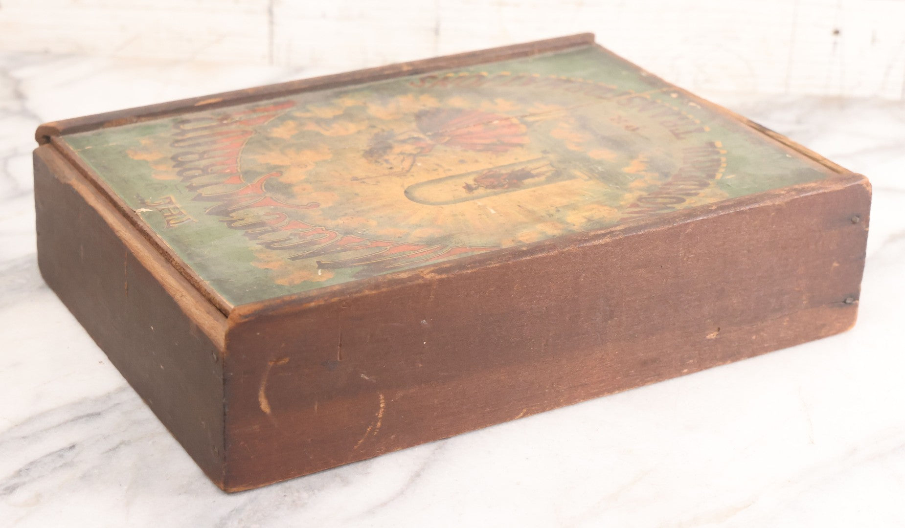Lot 047 - Antique Lithographed Wooden Toy Box For "The Magic Mirror Or Wonderful Transformations" With Fairy Princess And Prince Characters, By Mcloughlin Bros., New York, Empty