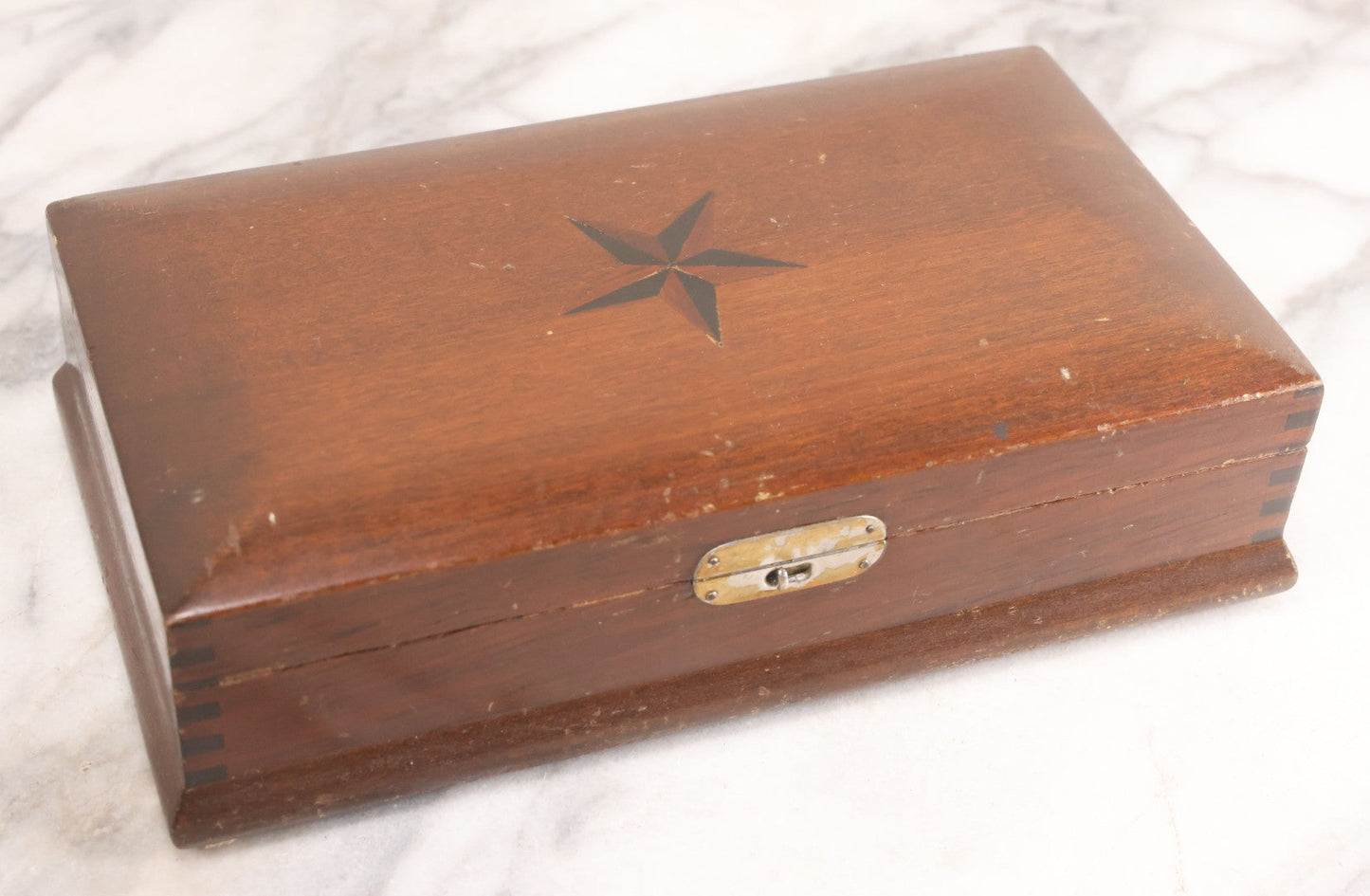 Lot 048 - Antique Finger Jointed Wooden Box With Two-Toned Inlaid Five-Pointed Star On Lid, Metal Sliding Latch, Brown Velvet Interior