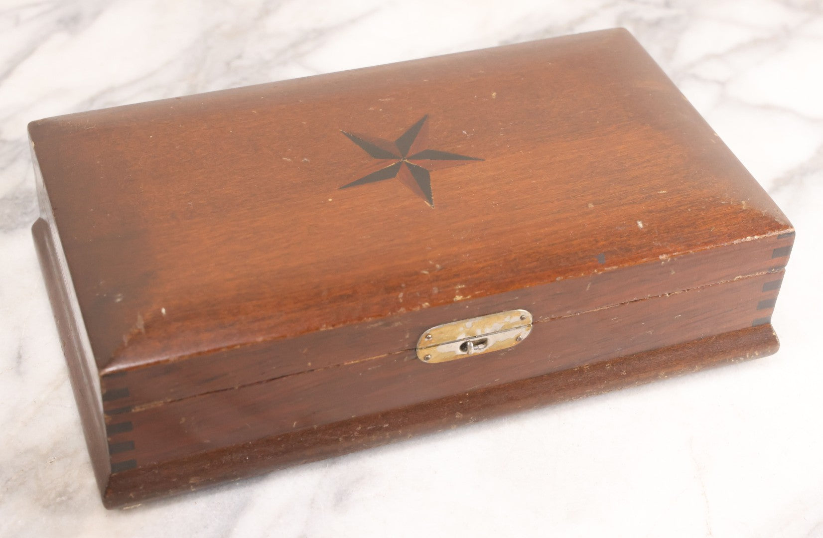 Lot 048 - Antique Finger Jointed Wooden Box With Two-Toned Inlaid Five-Pointed Star On Lid, Metal Sliding Latch, Brown Velvet Interior