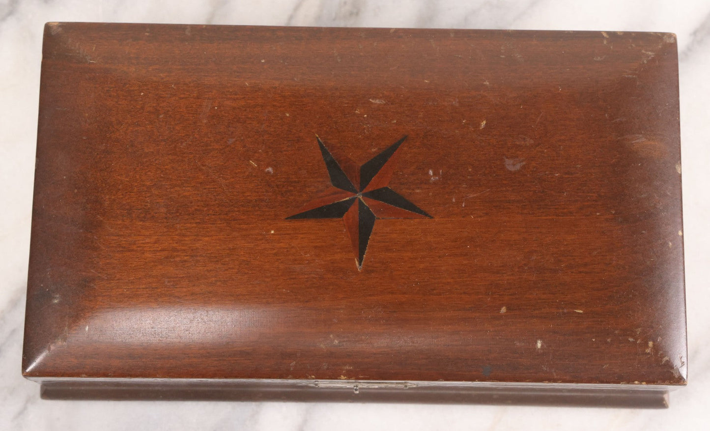 Lot 048 - Antique Finger Jointed Wooden Box With Two-Toned Inlaid Five-Pointed Star On Lid, Metal Sliding Latch, Brown Velvet Interior