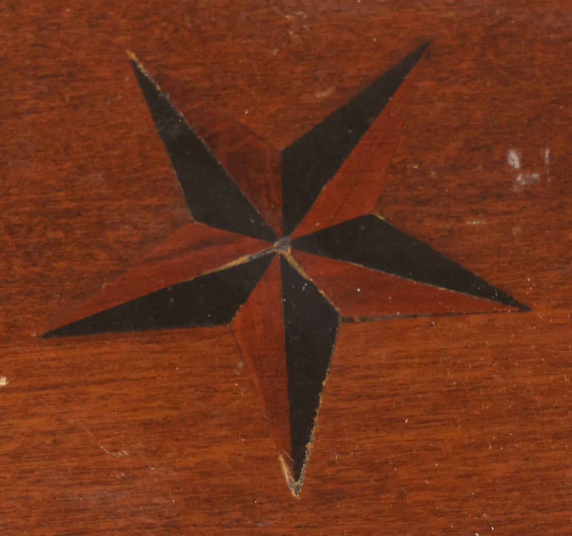 Lot 048 - Antique Finger Jointed Wooden Box With Two-Toned Inlaid Five-Pointed Star On Lid, Metal Sliding Latch, Brown Velvet Interior