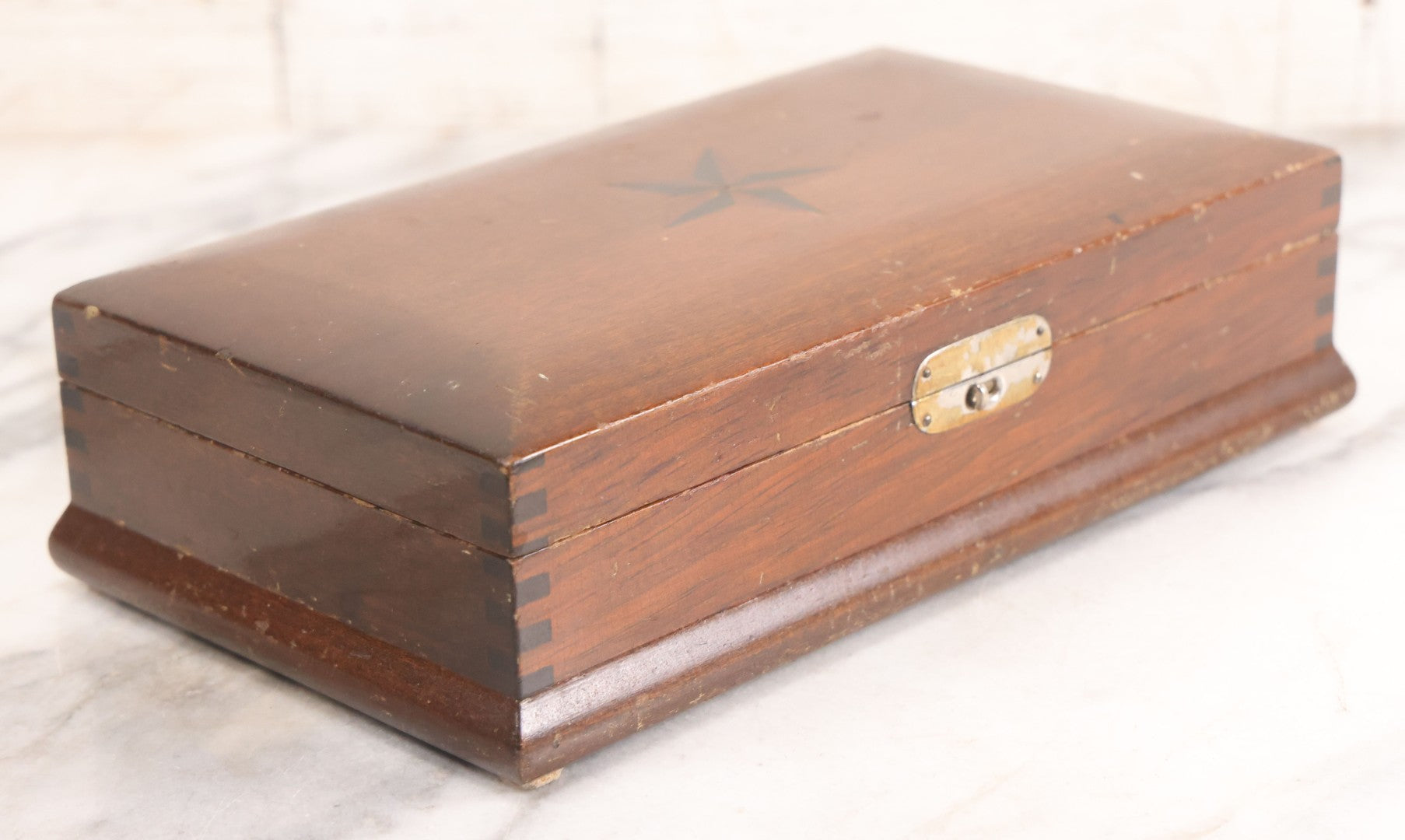 Lot 048 - Antique Finger Jointed Wooden Box With Two-Toned Inlaid Five-Pointed Star On Lid, Metal Sliding Latch, Brown Velvet Interior