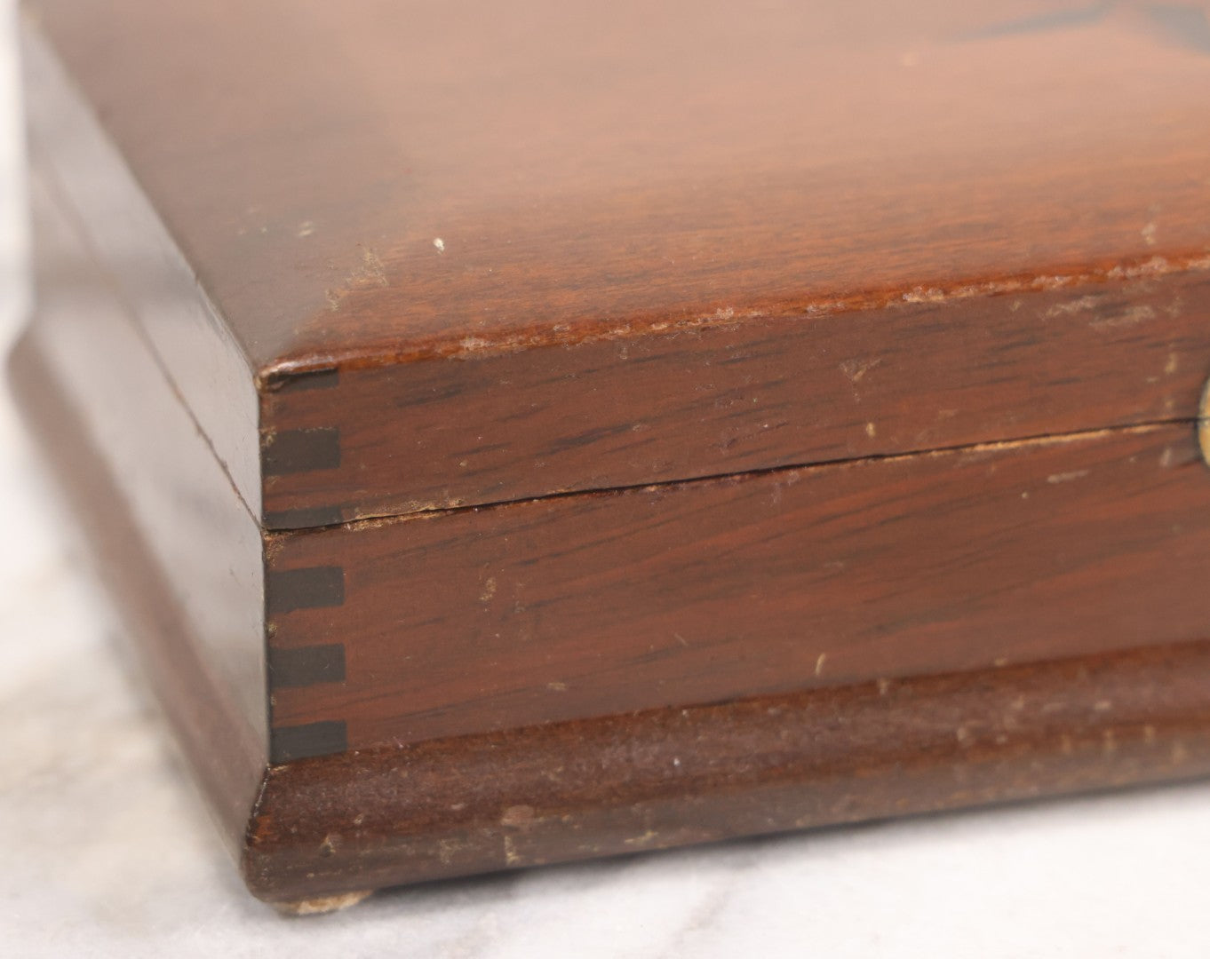 Lot 048 - Antique Finger Jointed Wooden Box With Two-Toned Inlaid Five-Pointed Star On Lid, Metal Sliding Latch, Brown Velvet Interior