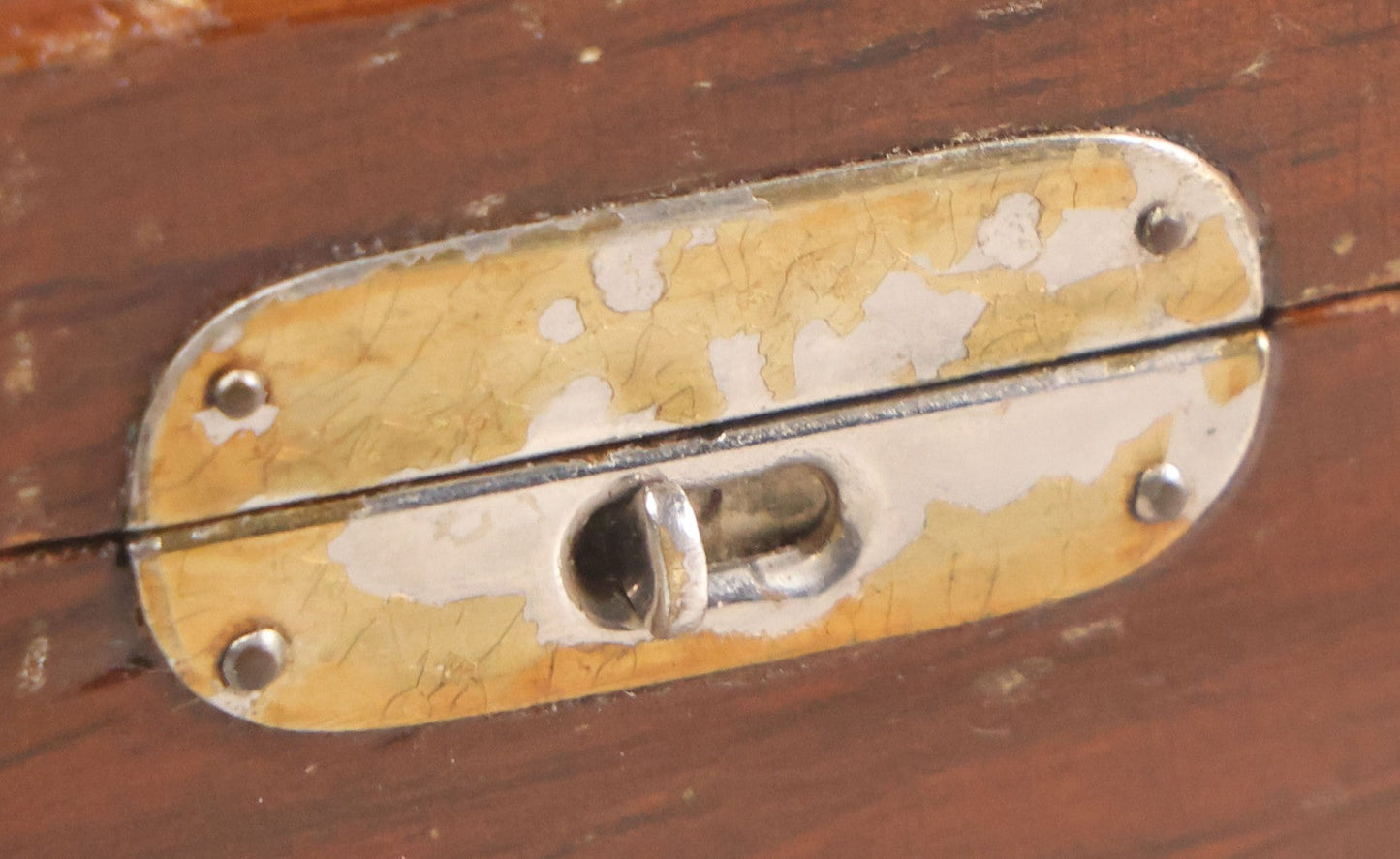 Lot 048 - Antique Finger Jointed Wooden Box With Two-Toned Inlaid Five-Pointed Star On Lid, Metal Sliding Latch, Brown Velvet Interior