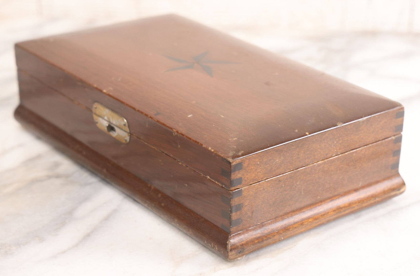 Lot 048 - Antique Finger Jointed Wooden Box With Two-Toned Inlaid Five-Pointed Star On Lid, Metal Sliding Latch, Brown Velvet Interior