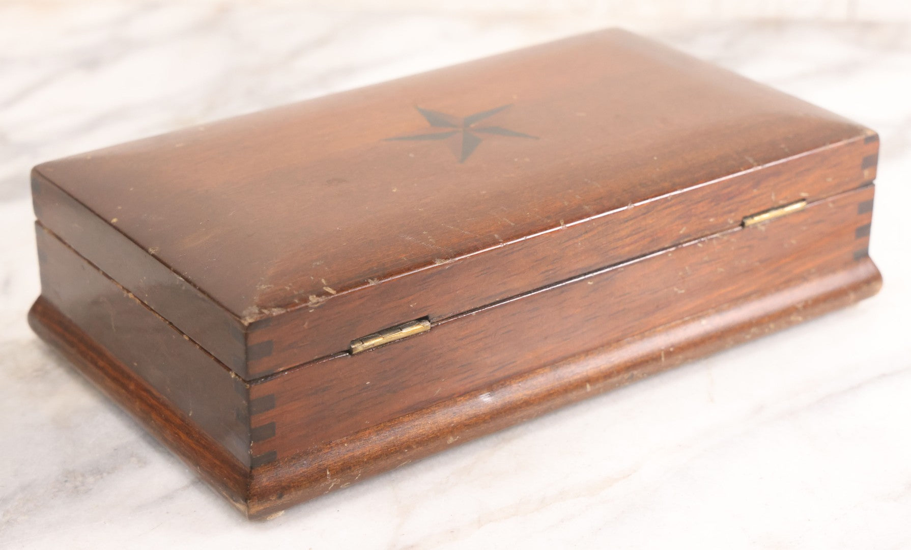 Lot 048 - Antique Finger Jointed Wooden Box With Two-Toned Inlaid Five-Pointed Star On Lid, Metal Sliding Latch, Brown Velvet Interior
