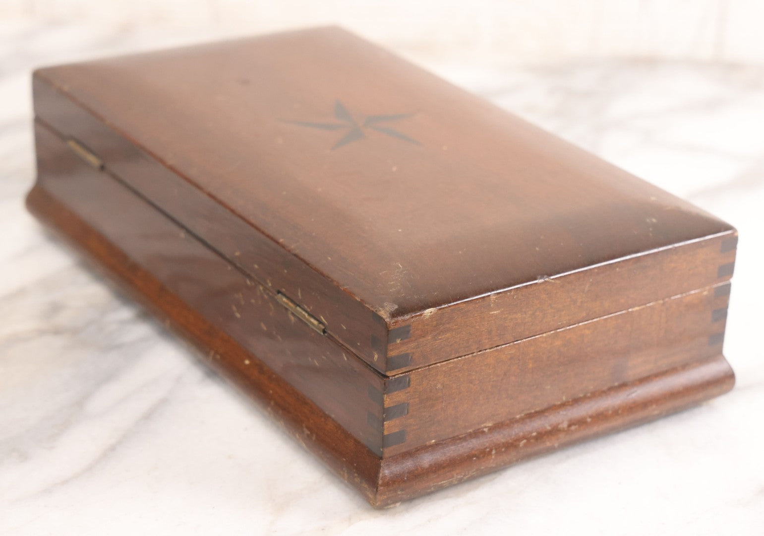 Lot 048 - Antique Finger Jointed Wooden Box With Two-Toned Inlaid Five-Pointed Star On Lid, Metal Sliding Latch, Brown Velvet Interior
