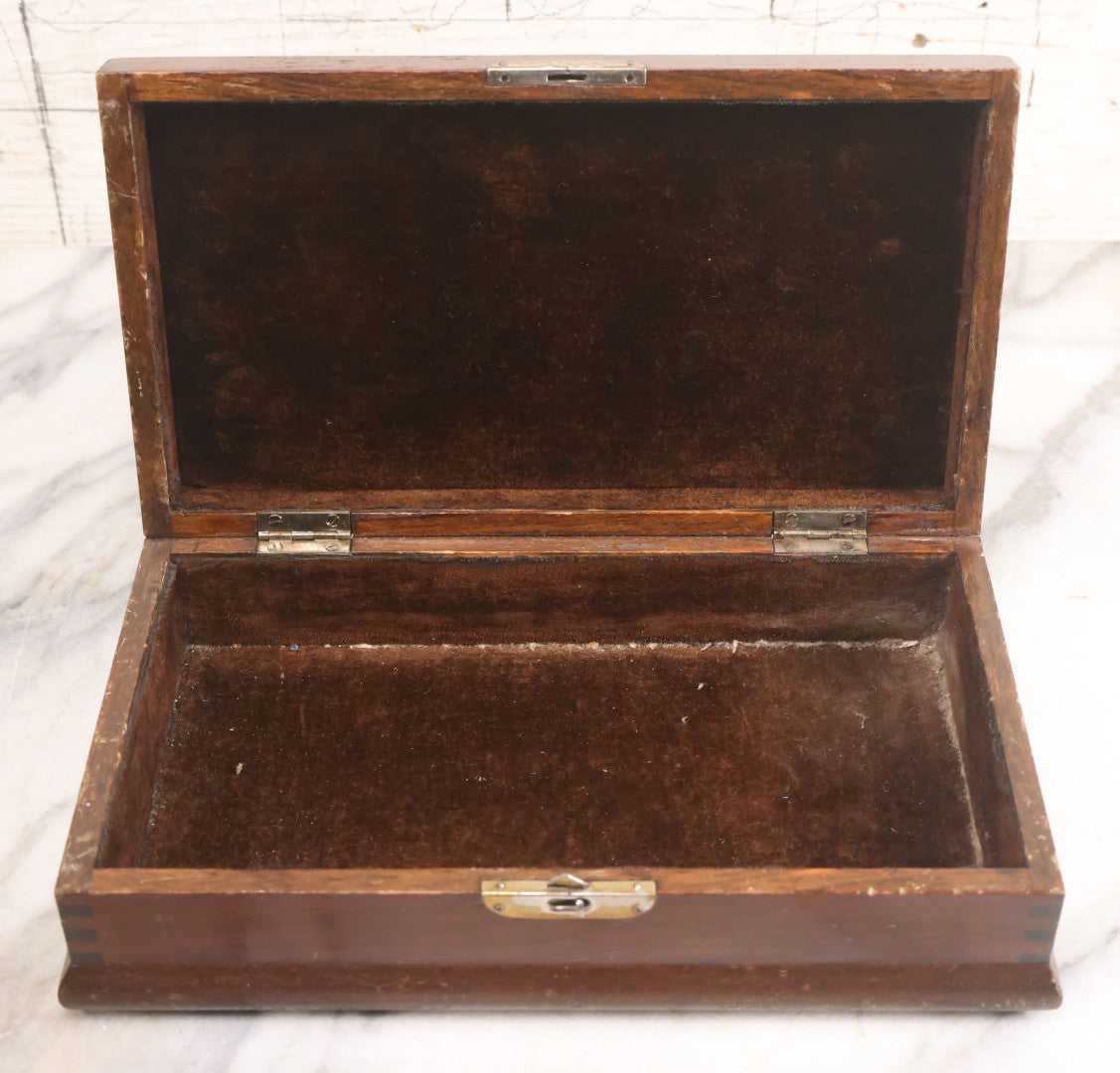 Lot 048 - Antique Finger Jointed Wooden Box With Two-Toned Inlaid Five-Pointed Star On Lid, Metal Sliding Latch, Brown Velvet Interior