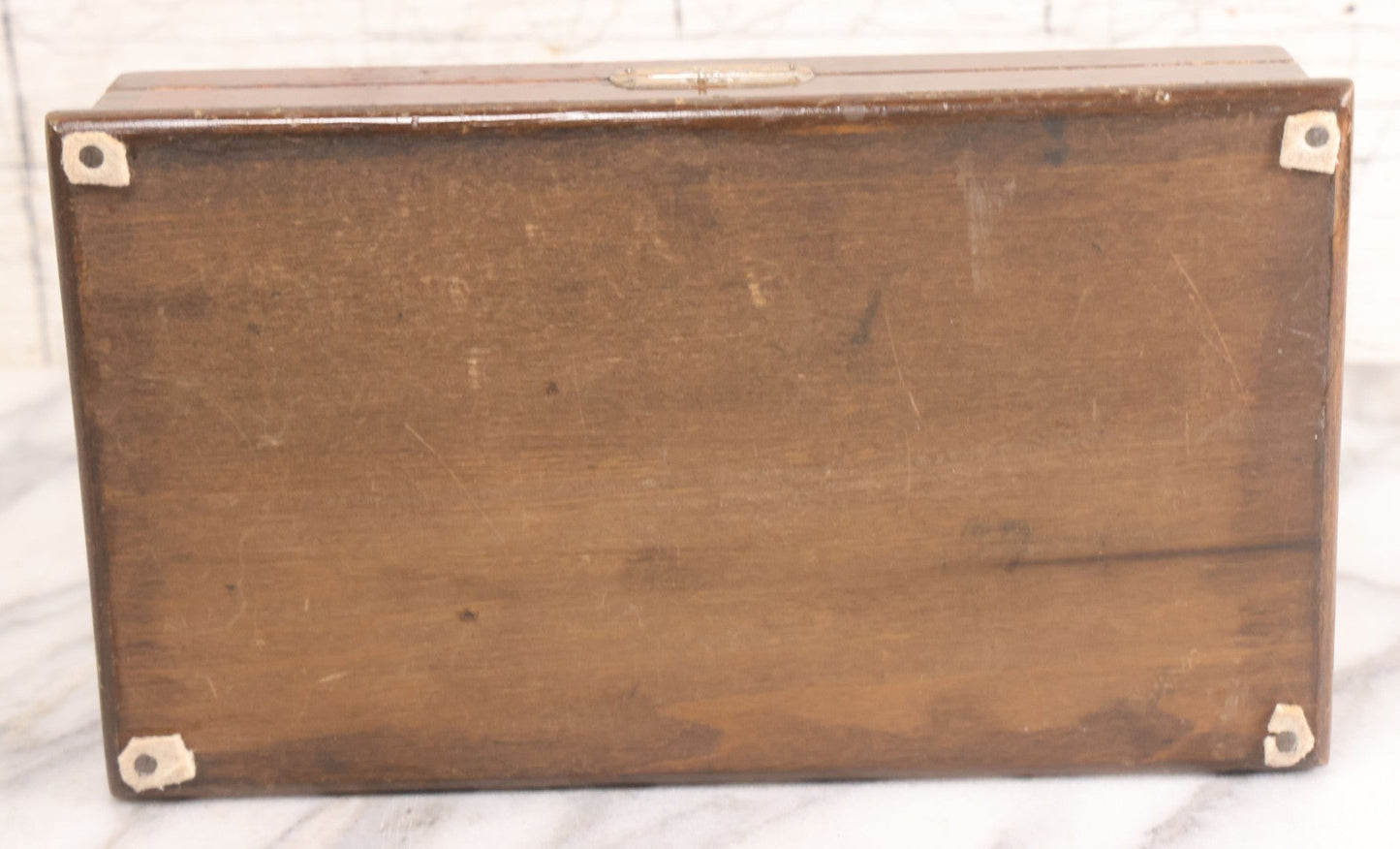 Lot 048 - Antique Finger Jointed Wooden Box With Two-Toned Inlaid Five-Pointed Star On Lid, Metal Sliding Latch, Brown Velvet Interior