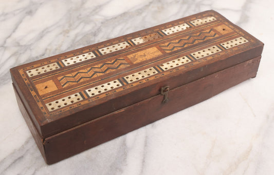 Lot 049 - Antique Inlaid Cribbage Board Box With Zig-Zag Pattern, Bone Inlay, Other Decorations, Red Velvet Interior With Center Compartment, Note Losses